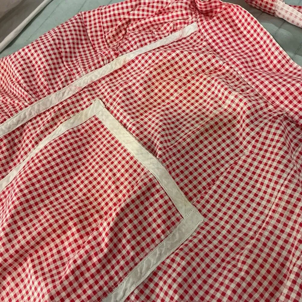 Vintage Red White Gingham Half Apron Ruffle Hem 2 Pockets 75” Waist Tie